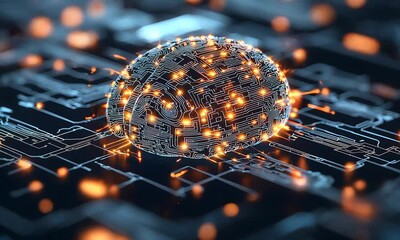 Fototapete - Futuristic Circuit Brain with Neon Lights in Digital World : Generative AI