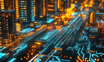Poster - futuristic urban cityscape with bright neon lights and skyscrapers : generative ai