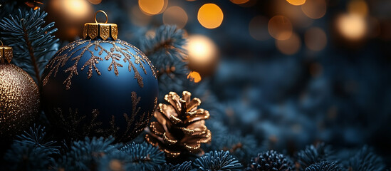 Wall Mural - christmas blue decoration close up, dark bokeh background. merry christmas and happy holidays greeti
