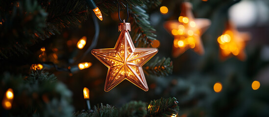 Wall Mural - Spruce tree and stars, Christmas tree garland close up, bokeh lights background. Merry Christmas and Happy Holidays greeting card, frame, banner. New Year. Noel. Winter xmas festive theme.