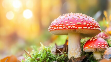 Wall Mural - Lush forest floor scattered with mushrooms, sunlight filtering down, blank text area