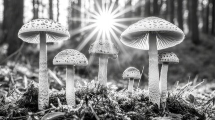 Wall Mural - Mushrooms on a forest floor, soft sunlight filtering in, creating room for text