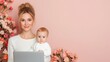 © Nicky - Young mother holding baby while working on a laptop surrounded by pink flowers in a soft and serene home environment