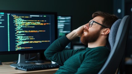 A thoughtful programmer sitting in front of a computer, reflecting on code displayed on the screen in a modern office environment.
