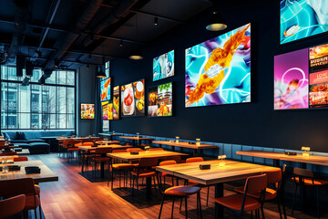 Modern Restaurant Design with Interactive Digital Signage Screens for Engaging Customer Experience