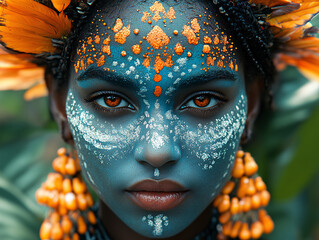 close-up of a African person's face with vibrant, colorful makeup and jewelry, including tribal patterns and possibly a headdress, suggesting cultural or traditional significance.