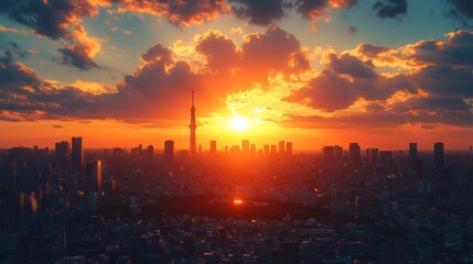 Wall Mural - Dramatic sunset over city skyline.