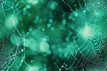 Glistening Spider Web Covered in Dew Drops in the Early Morning Mist