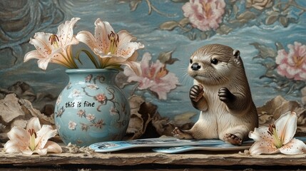 Wall Mural - Otter figurine, lilies, still life.