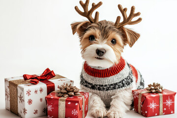 Wall Mural - cute dog wearing reindeer antlers and festive sweater sits among Christmas presents, radiating holiday cheer and joy