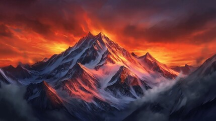 Wall Mural - Icy Mountain Range Under a Fiery Sunset