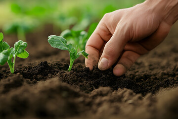 Wall Mural - Expert hand of farmer checking soil health before growth a seed of vegetable or plant seedling. Gardening technical, Agriculture concept.