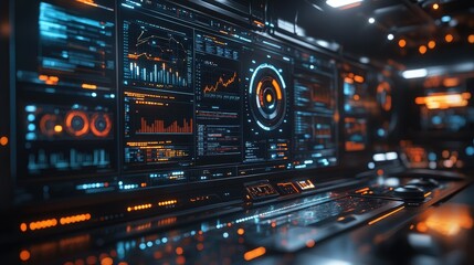 Futuristic control panel with glowing digital displays showing data, graphs, and charts.