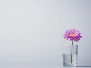 Wall Mural - single pink flower in clear glass of water, showcasing simplicity and elegance. soft background enhances flower beauty, creating serene atmosphere