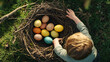 © fadi - painted easter eggs in a birds nest celebrating a Happy Easter on a spring day with a green grass meadow and blurred grass foreground and bright sunlight background with copy space.