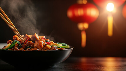 Wall Mural - steaming bowl of stir fried chicken with vegetables, illuminated by warm lantern light, evokes cozy dining atmosphere