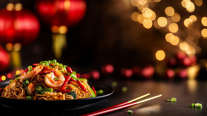 Wall Mural - Delicious shrimp noodles with vibrant vegetables, served on black plate, surrounded by festive red lanterns and soft bokeh lights, creating warm atmosphere