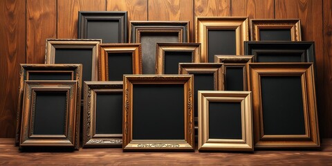 A collection of vintage photo frames displayed on a wooden table, memories, collection