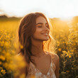 © rakT - A serene young woman smiles with closed eyes in a vibrant flower field, bathed in warm sunlight, exuding joy and tranquility.