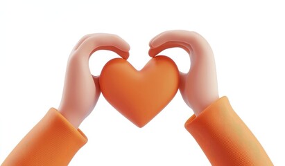 Wall Mural - 3D cartoon icon of two hands making a heart shape, simple design, white background