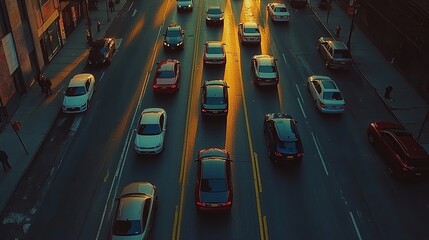 Aerial view of a busy city street at sunset, showcasing traffic and urban life.