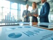 © NUTTAWAT - Dynamic business meeting with data analysis graphs on a table. Professionals discussing strategies in a modern office environment.