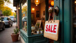 © Elfaa - Sale sign on a cardboard hanging at the boutique entrance with a cozy street view