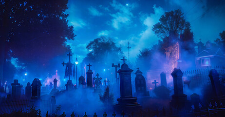 Mysterious bluehued cemetery at night with eerie mist and moonlit tombstones. halloween graveyard 