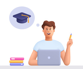 young smiling man studying at computer, holding pencil and thinking about graduation or diploma. onl