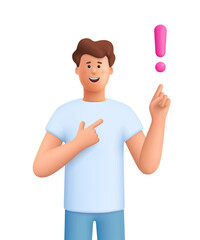 young smiling woman pointing finger up to exclamation point. idea, warning or attention concept. 3d 
