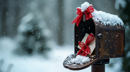 Wall Mural - Christmas mailbox with red ribbons and falling snow