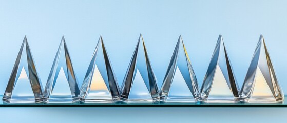 A Row of Glass Pyramids on a Shelf