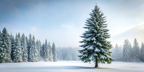 Tall evergreen pine tree stands alone in a snow-covered forest landscape, tall, evergreen