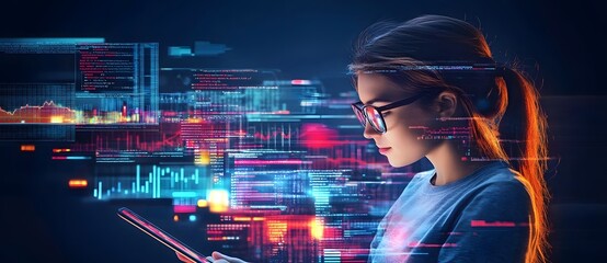 young woman programmer working with digital data streams