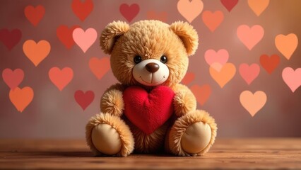 Wall Mural - a toy plush bear sits on a wooden table holding a red heart in front of a background of blurred hear