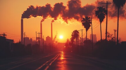 Wall Mural - Industrial skyline at sunset with smoky chimneys, palm trees lining the street, and a warm orange glow filling the sky over a city landscape