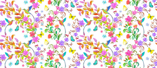 Aufkleber - watercolor seamless texture with blooming floral arrangement and long-tailed hummingbirds, butterflies