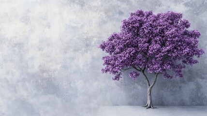 Solitary vibrant purple tree against textured, grey wall background