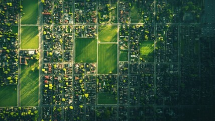 Aerial view of suburban neighborhood surrounded by greenery and residential buildings