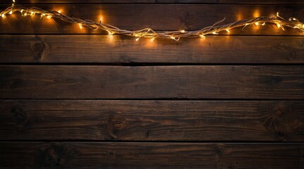 Poster - Top view of an empty rustic wooden table with Christmas string lights are all around the border making a glowing frame and leaving useful copy space for text and/or logo - generative ai