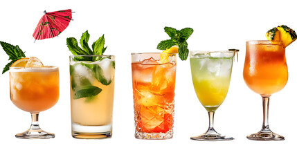 Sticker - Set of refreshing tropical cocktails garnished and served in different glasses on transparent background, perfect for summer parties