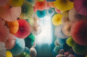 Canvas Print - Colorful Paper Fans Decorate Room Near Window