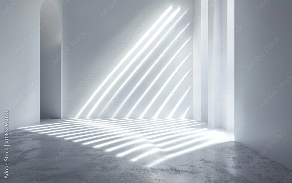 Sunlit minimalist room interior with arched doorway and concrete floor, ideal for product display or background.