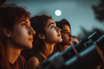 group of young stargazers focused intently on the night sky, captivated by the soothing glow of the 