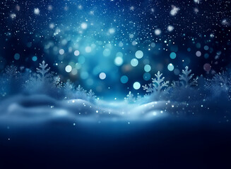 Poster - A serene winter landscape, bathed in cool blue light.  Snow-covered hills and frosted trees create a magical, dreamy atmosphere under a falling snow.  Sparkling bokeh adds to the festive feel.