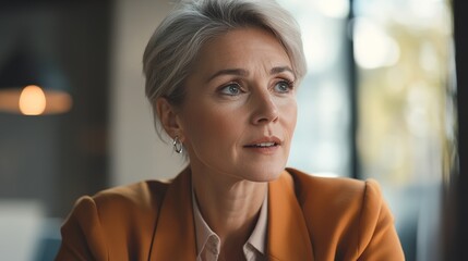 Wall Mural - Thoughtful Woman in Orange Blazer with Short Hair Gazing Out of Window in Modern Office Setting during Daylight Hours