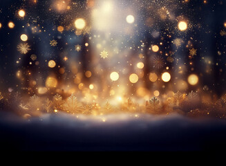 Poster - Magical winter scene: golden lights sparkle amidst falling snow and frosted branches in a dark forest.  A mystical, enchanting ambiance.