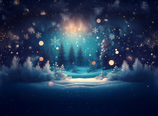 Poster - Magical winter wonderland scene.  Snow-covered forest path leads to a glowing light amidst falling snowflakes and shimmering bokeh.