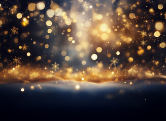 Poster - Magical winter scene with golden lights and snowflakes falling on a snowy landscape.  A dark blue background adds depth and contrast to the sparkling effect.