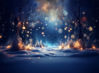 Poster - Enchanted winter forest scene.  Snow falls softly on a path illuminated by glowing lanterns hanging from snow-covered trees.  Magical, dreamy atmosphere.